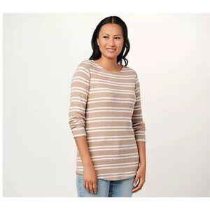 Susan Graver Petite Weekend Striped Brushed Rib Knit Tunic Womens XS Khaki NEW